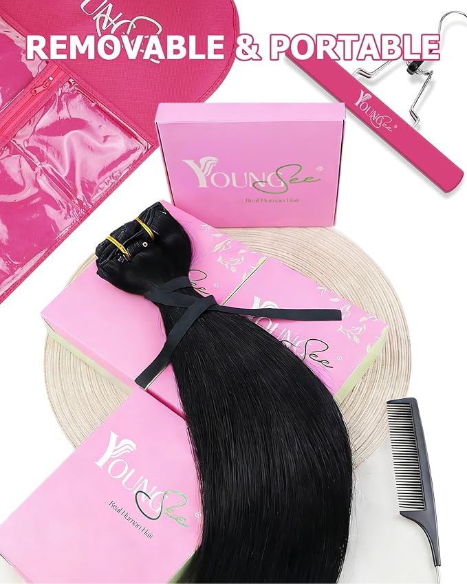 YoungSee 85G Clip in Human Hair Extensions Black Short Human Hair Clip in Extensions Jet Black Clip ins Hair Extension Real Human Hair Natural Short Hair Extension for Women 12Inch 7Pcs