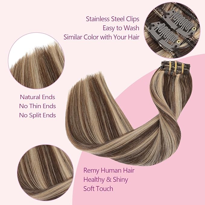 PINKPEARL Clip in Hair Extensions Human Hair 14inch 120g 7pcs Remy Human Hair Extensions Clip in #4P27 Chocolate Brown Highlighted Caramel Blonde Clip Hair Natural Human Hair(#4P27-14)
