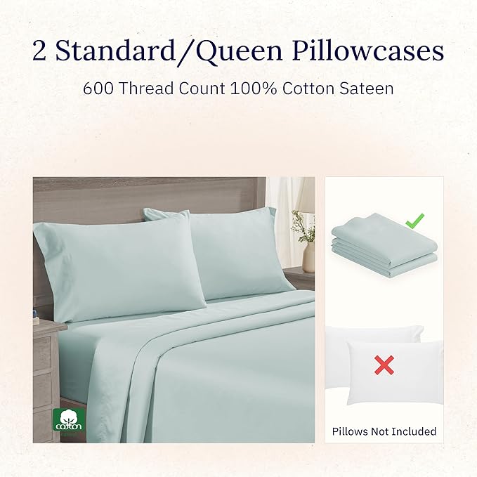 CALIFORNIA DESIGN DEN Luxuriously Soft Hotel Quality 600 Thread Count, 100% Cotton Set of 2 Cases, Crisp & Cool Standard Pillows Cases Set of 2 Fits Standard & Queen Pillows (Seafoam)