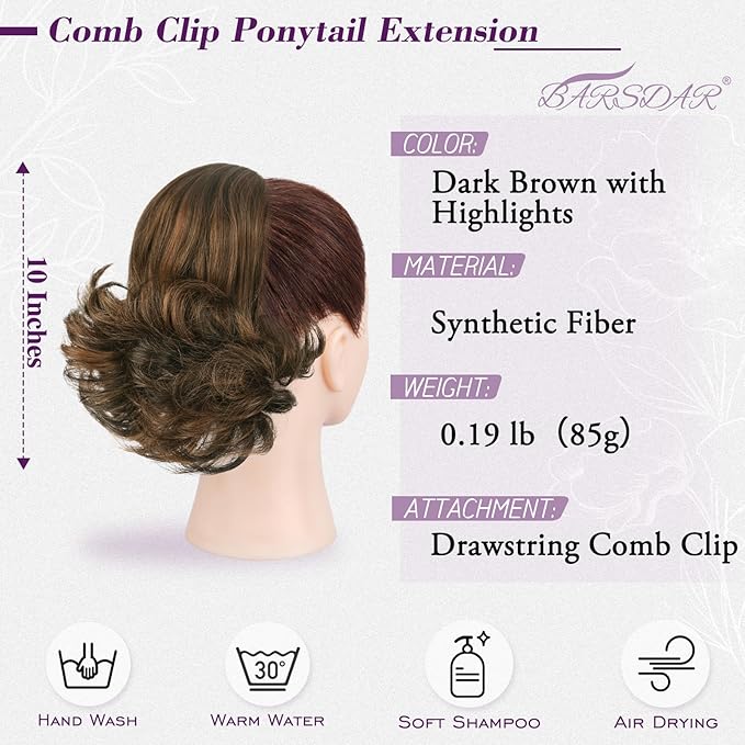 BARSDAR Drawstring Comb Clip Ponytail Extension - 10 Inch Short Clip in Hairpieces for Women - Synthetic Highlight Ponytail Extension Fake Pony Tails - Dark Brown with Highlights