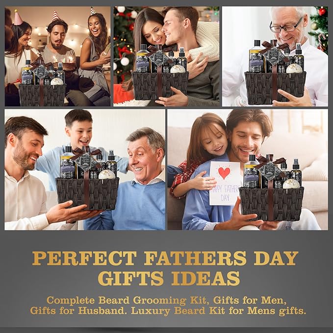 Fathers Bath and Body Gift Set, Birthday Gifts for Men Basket Spa Gift Set for Him Beard Shaving Kit Men's Beard Kit Brush Face Care Perfume Spa Kit, Beard Brush Rack, Christmas Gifts for Dad son Man