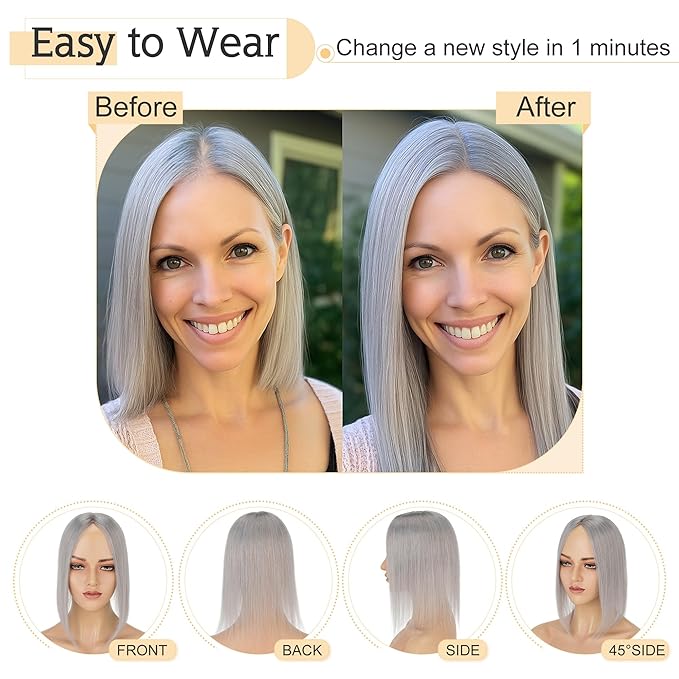 SEGO Grey Hair Toppers for Women Real Human Hair No Bangs, 7 * 13 CM Silk Base Clip In Topper Wiglet, Top Pieces Add Volume -12 Inch G1 Silver Grey