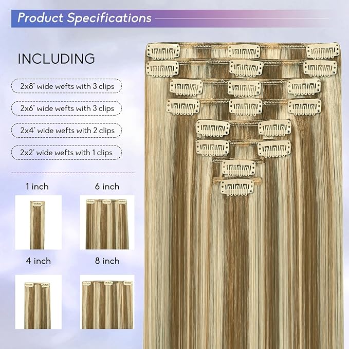 Blonde Clip in Hair Extensions Real Human Hair, 18 Inch 100g Natural Human Hair, Remy Human Hair Extensions Cip ins for Women 8pcs Per Set #16/22 Light Blonde Highlighted Golden Blonde