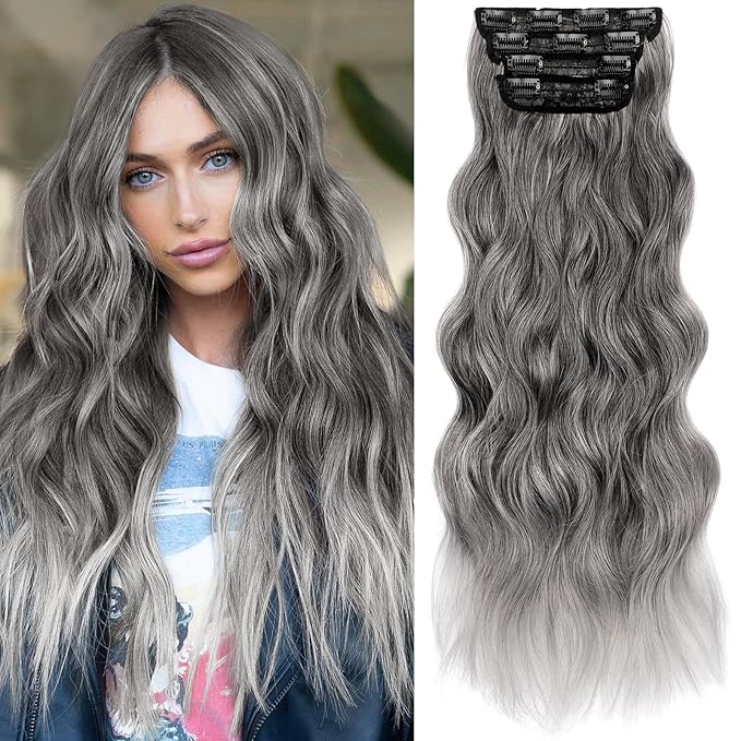 KooKaStyle Clip in Synthetic Hair Extensions Long Wavy 4PCS Thick Hairpieces Grey Sliver Mixed Fiber Double Weft Natural Hair Extensions 24 Inch for Women