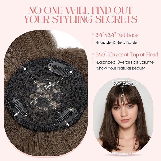 Hairro Mono Hair Toppers with Bangs, 3.4" x 3.4" Mono Base 100% Real Human Hairpieces for Women, 150% Density Clips In Topper for Greyish Thinning Hair, 10 Inch Cocoa Brown