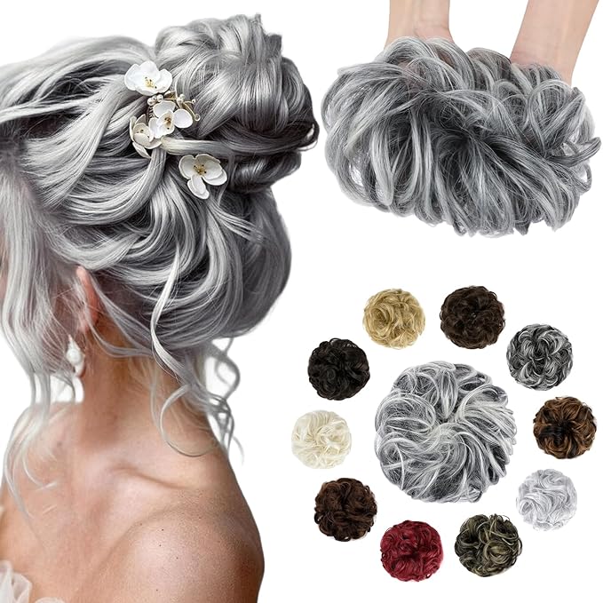 Messy Bun Hair Piece Wavy Curly Scrunchies Fluffy Donut Thick Updo Elegant Chignon Hairpieces for Women Girls, Sliver Gray to Platinum Blonde 1.4oz