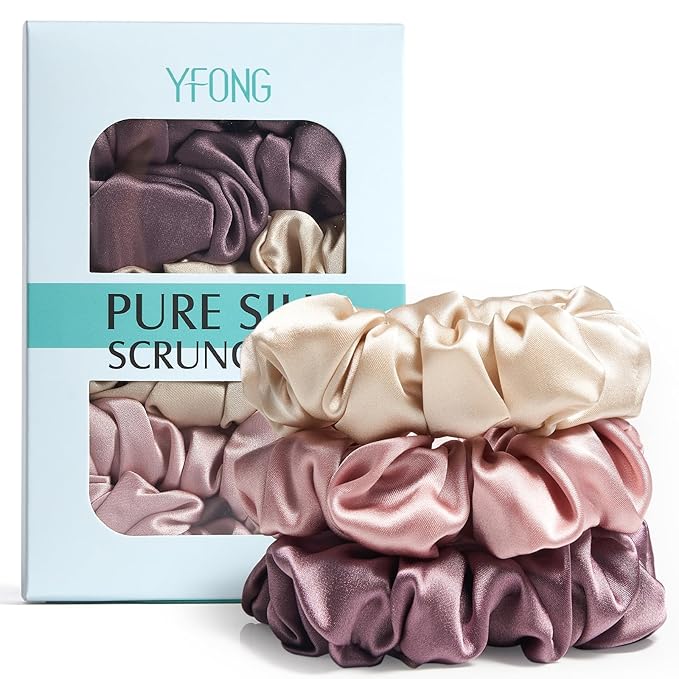 YFONG 3 PCS 100% Mulberry Silk Scrunchies for Women Girls, 22 Momme Soft Hair Ties for Frizz & Breakage Prevention, Elastic Ponytail Holders Gentle And No hurt, (Pink+Champagne+Plum Purple)