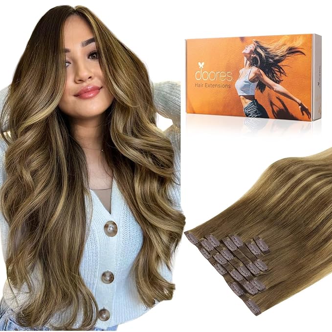 DOORES Human Hair Clip in Extensions, Medium Brown Highlighted Dirty Blonde 7pcs 110g 22 Inch, Seamless With Skin Weft Remy Hair Extensions Invisible Edge