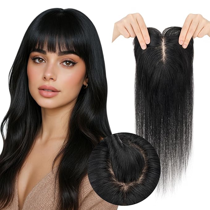 Real Human Hair Toppers for Women 3.54"*4.72" Silky Base 150% Density With Bangs Adjustable Parting Clip-In Topper Hairpieces for Women with Thinning Hair 12 Inches Dark Black