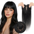 Real Human Hair Toppers for Women 3.54"*4.72" Silky Base 150% Density With Bangs Adjustable Parting Clip-In Topper Hairpieces for Women with Thinning Hair 12 Inches Dark Black