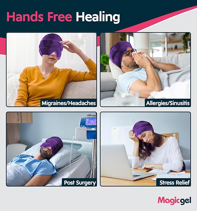 Magic Gel Migraine Ice Head Wrap | Real Migraine & Headache Relief | The Original Headache Cap | Cold, Comfortable, Dark & Cool; Endorsed by Physicians, Loved by Thousands - (2 Pack, Purple)