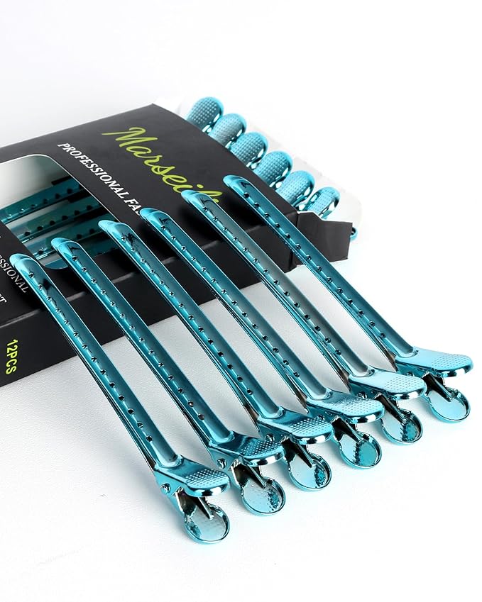 Alligator Clips for Hair Styling 12 pcs Anti-Slip No-Trace Duck Billed Hair Clips Rustproof Metal Alligator Curl Clips for Hair Styling for Salon & Makeup, blue.