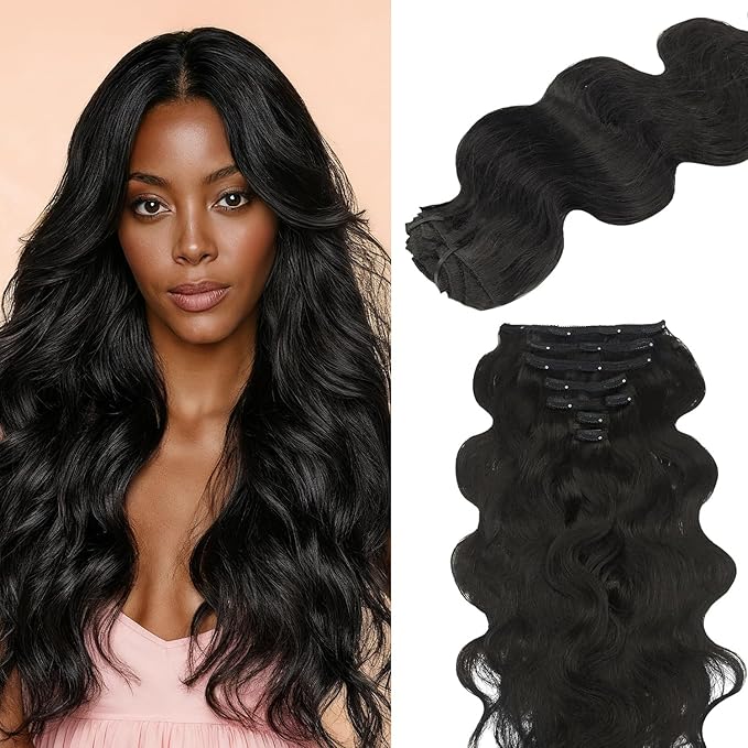 Lashey Clip in Hair Extensions Human Hair, Body Wave Remy Human Hair 24 Inch 120g 7pcs Natural Black #1B, Long Thick Clip in Hair Extensions for Black Women