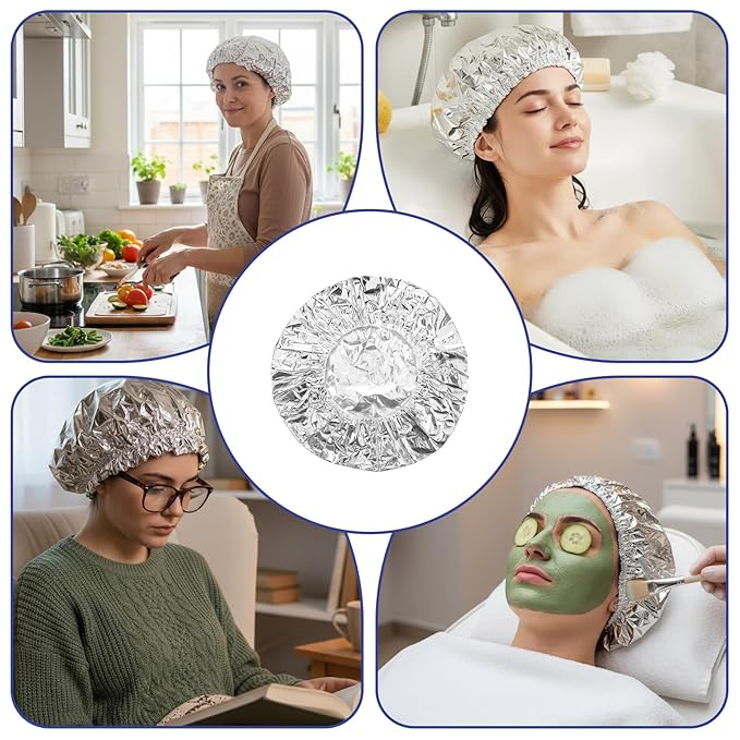 12 Pcs Aluminum Foil Deep Conditioning Hair Cap, Reusable Processing Heat Caps for Hair Elastic Silver Shower Caps for Home And Salon Use