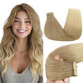 GOO GOO Tape in Hair Extensions Human Hair, O18G/22G(L) Golden Beige Blonde with Ash Highlights, 18inch 50g 20pcs, Skin Weft Seamless Invisible, Silky Straight with Thick Ends, Remy Human Hair