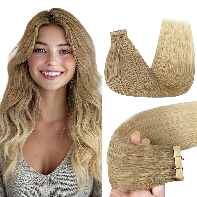 GOO GOO Tape in Hair Extensions Human Hair, O18G/22G(L) Golden Beige Blonde with Ash Highlights, 18inch 50g 20pcs, Skin Weft Seamless Invisible, Silky Straight with Thick Ends, Remy Human Hair