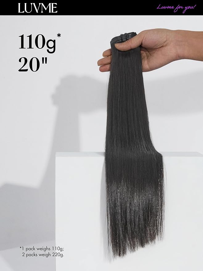 LUVME Silky Straight Seamless 110g 7Pcs Clip in Hair Extensions Full Max with 20inch Remy Human Hair Extensions, Natural Black 100% Real Soft Human Hair