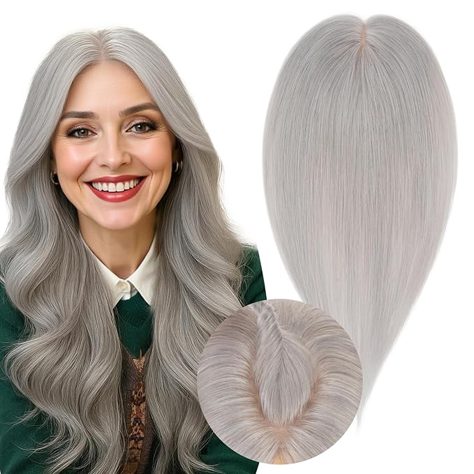 Real Human Hair Toppers for Women 3.54"*4.72" Silky Base 150% Density No Bangs Adjustable Parting Clip-In Topper Hairpieces for Women with Thinning Hair 10 Inches Silver Grey