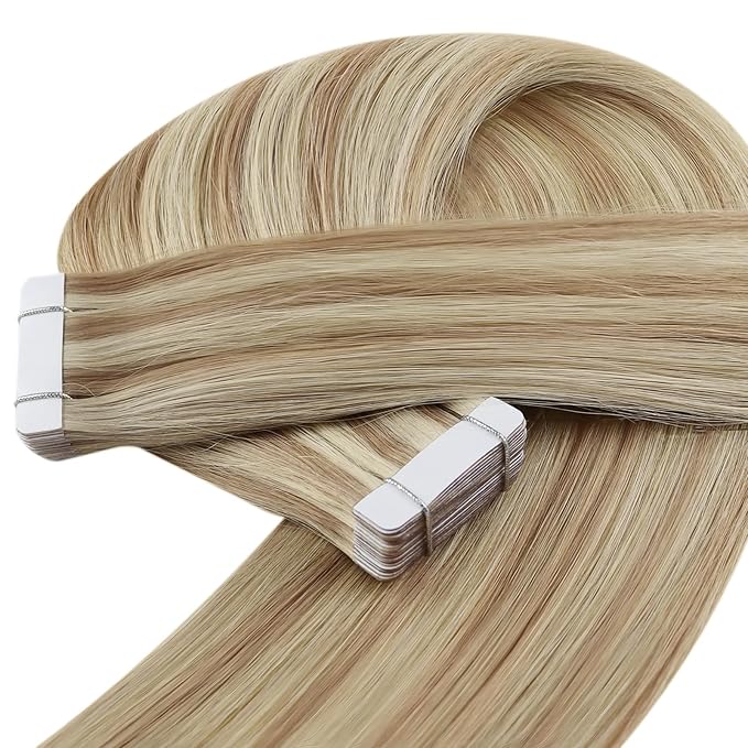 YoungSee Invisible Tape in Hair Extensions Highlight Blonde Tape Hair Extensions Real Human Hair Ash Blonde Tapes in Real Human Hair Extensions for Women Short Hair Extension 12 Inch 20pcs 30g
