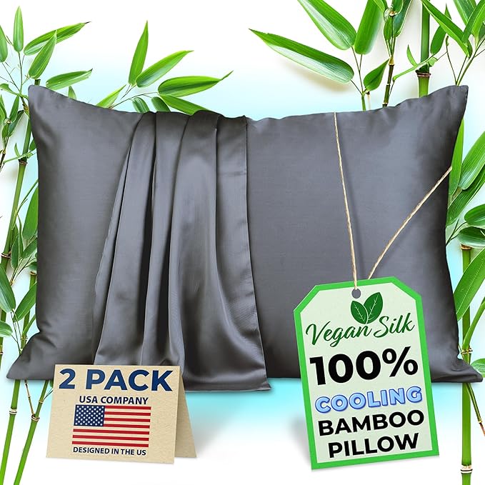 Pillow Cases - 100% Viscose Derived from Bamboo - Cooling Pillowcase - Standard Size, Dark Gray, Set of 2 Zippered - for Hot Sleepers - Soft Pillow Covers - by Vegan Silk
