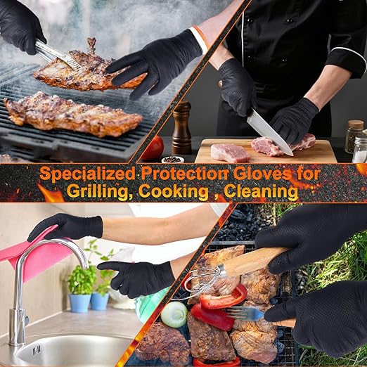 BBQ Gloves for Grilling Disposable Heat Resistant - 100 Nitrile Gloves + 4 Reusable Cotton Liners for Barbecue Smoker, Cooking Hot Meat - 10Mil Thick, Non-Slip Grip - Black Large