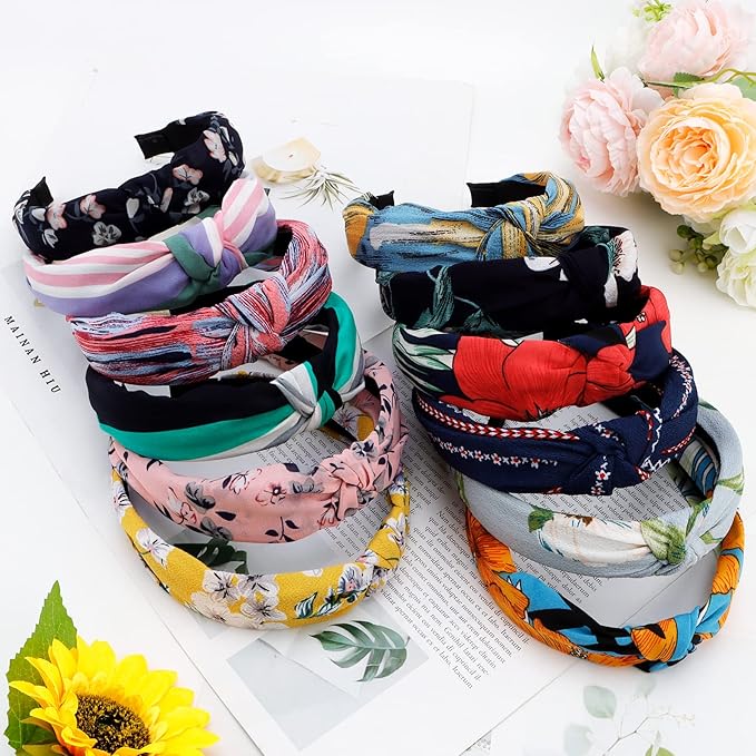 VELSCRUN 12 Pcs Womens Headband Knotted Headbands for Women Girls Wide Headbands Boho Bandeau Knot Turban Headband Hair Band Elastic Hair Accessories for Women