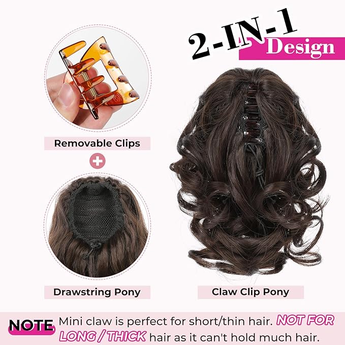 REECHO 9" Short Ponytail Extension, Classic Loose Curly Wavy Claw Clip Pony tails Hair Extensions HP001 Hairpieces for Women - Light Golden Brown
