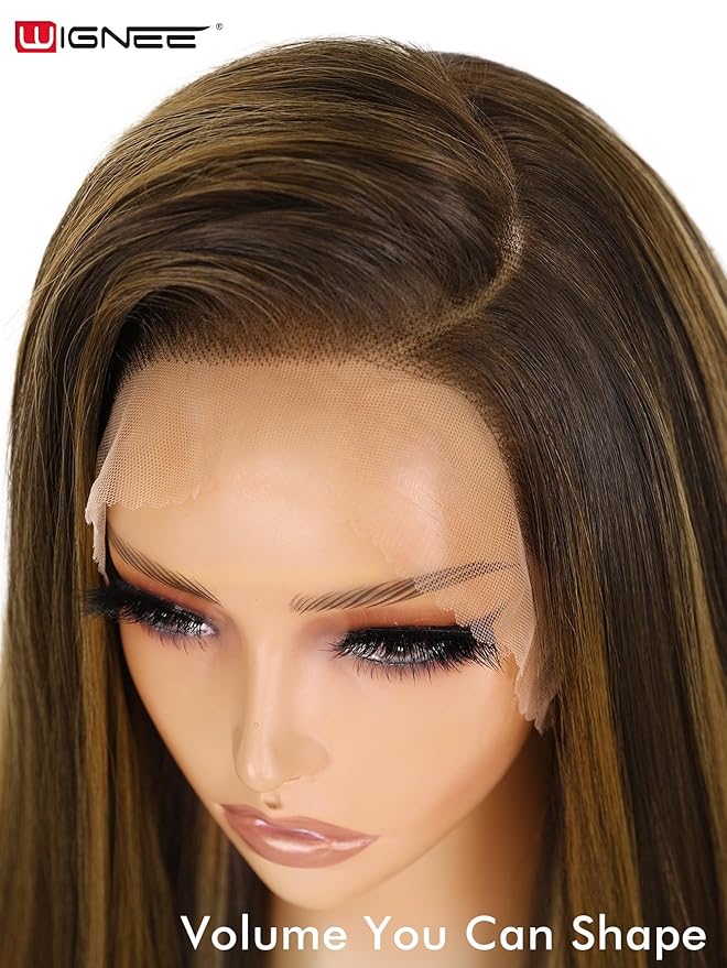 WIGNEE 13x6 Synthetic Lace Front Wig 28" Long Straight Wig Natural Black Kanekalon Futura Synthetic Wigs for Black Women Pre-Plucked Glueless Wig for Daily Party Use