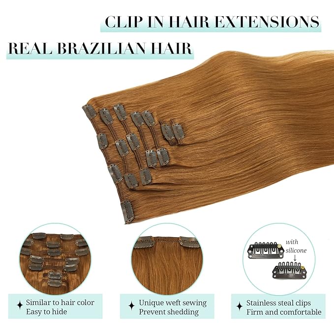 DOORES Clip in Hair Extensions, Medium Auburn 22 Inch 7pcs 120g, Remy Hair Extensions Clip in Human Hair Extensions For Women Clip in Natural Hair Extensions Thick Silky Straight