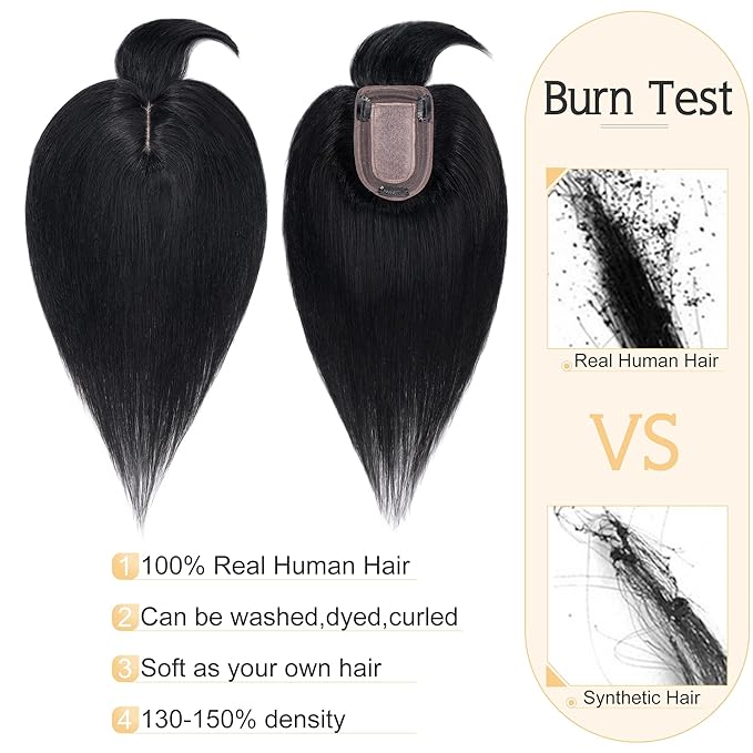 SEGO Hair Toppers for Women Real Human Hair With Bangs, 7 * 13CM Silk Base 100% Remy Human Hair Clip in Top Wiglet Hairpieces Add Volume -6 Inch Jet Black