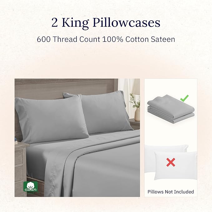 CALIFORNIA DESIGN DEN Luxuriously Soft Hotel Quality 600 Thread Count, 100% Cotton Set of 2 Cases, Crisp & Cool Pillow Cases King Size Set of 2, Fits King Pillows (Light Gray)