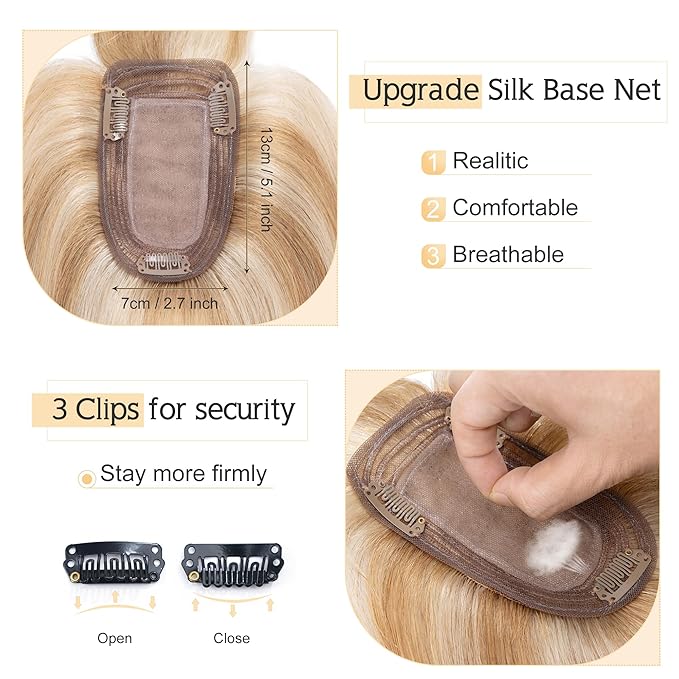 SEGO Hair Toppers for Women Real Human Hair With Bangs, 7 * 13CM Silk Base 100% Remy Human Hair Clip in Top Wiglet Hairpieces Add Volume /8 Inch /12P613 Golden Brown&Bleach Blonde
