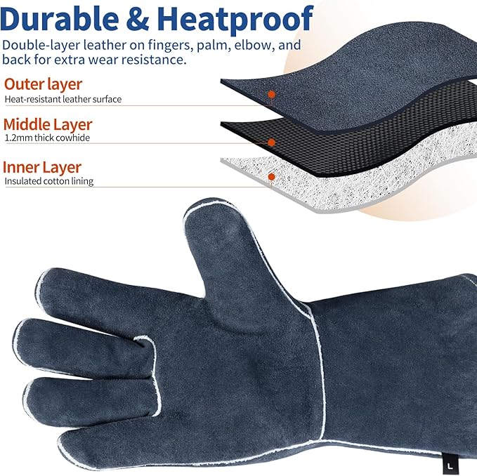 Welding Gloves Fire Heat Resistant Fireproof Leather for Welding Fire Pit Wood Stove Campfire Furnace BBQ Baking,Grill Oven Stick Mig Tig Gear Gift for Man L