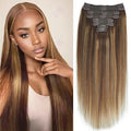 Highlight #4/27/4 Yaki Straight Clip in Hair Extensions Real Human Hair Omber Clip ins For Women Yaki Straight Clip on Hair Extensions(14inch)