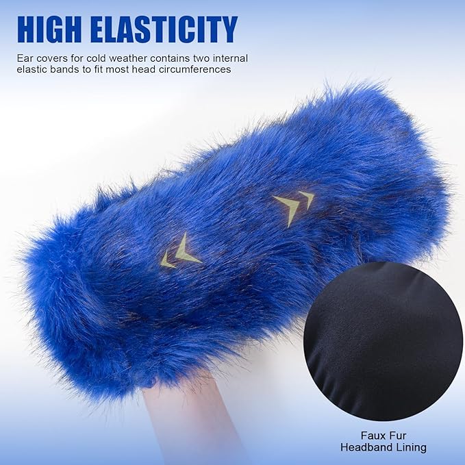 Faux Fur Headband for Women Elastic Fuzzy Thick Earmuffs Winter Headwrap Ear Muffs Furry Ear Warmers Cold Weather (Royal Blue)