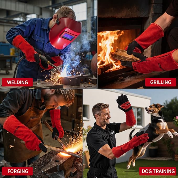 Gloves Fire Heat Resistant: 16IN 932°F Fireproof Leather for Welding Fire Pit Wood Stove Campfire Furnace BBQ Baking,Grill Oven Stick Mig Tig Gear Gift for Man XL