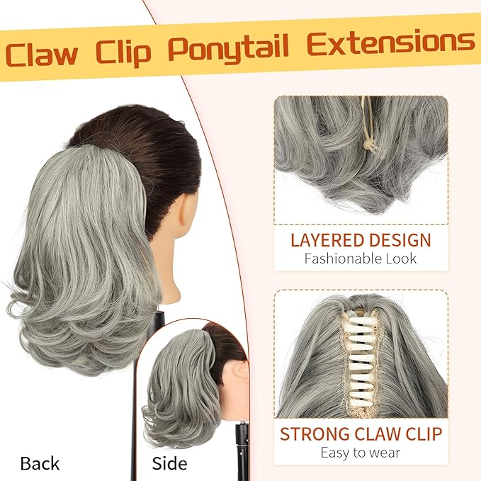 KooKaStyle Ponytail Extension, 10" Short Claw Clip in Pony Tails Hair Extensions Curly Wavy Synthetic Drawstring Hairpieces for Women(Smokey Silver)