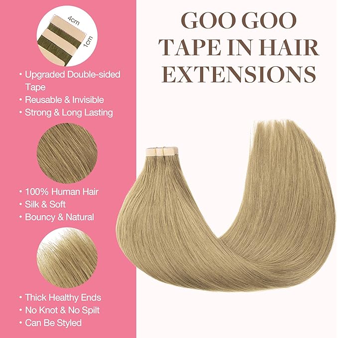 GOO GOO Tape in Hair Extensions Human Hair, 7 Bronde, 16inch 50g 20pcs, Skin Weft Seamless Invisible, Silky Straight with Thick Ends, Remy Human Hair