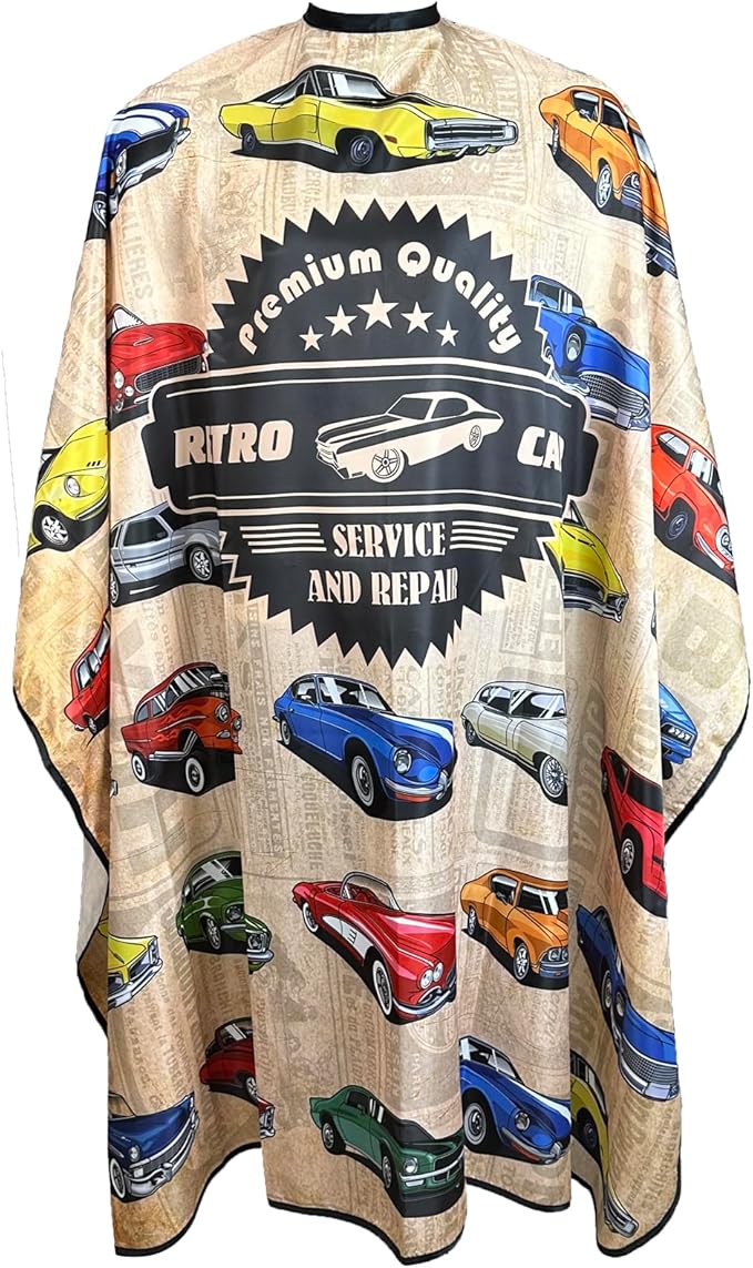 Barber Cape for Men Professional Hair Cutting Salon Cape with Snaps Waterproof Hairdressing Styling Cape Gown Apron- 63”× 56”(Vintage Cars)