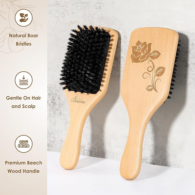 Bsisme Hair Brush, Boar Bristle Hair Brushes for Women Men Kid, Natural Bristles Paddle Brush for Thin Fine Hair, Restore Shine and Texture, Enhance Hair Shine and Health