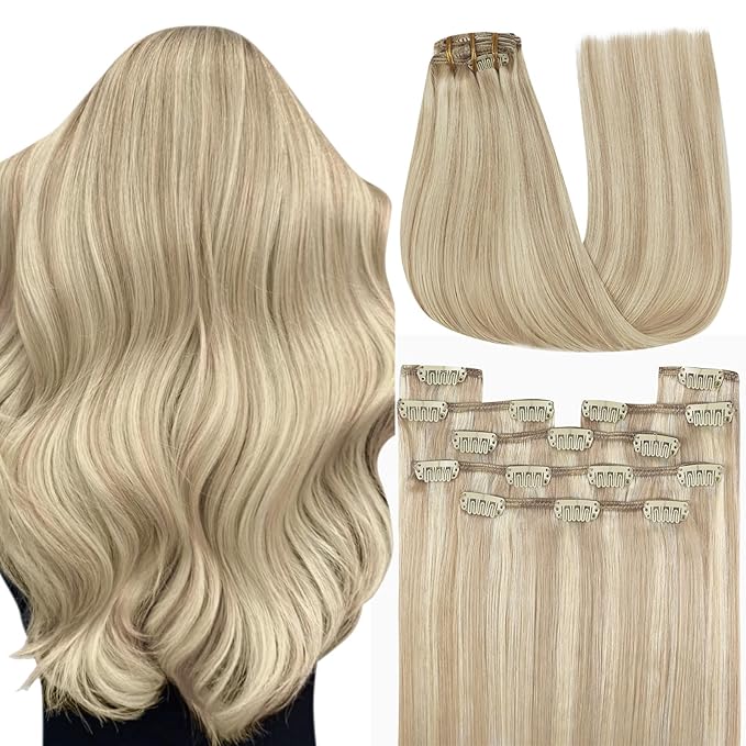 YoungSee 150G Clip in Hair Extensions Ash Blonde Highlight Bleach Blonde Clip in Extensions Dyable Blond Clip in Hair Extension Human Hair Long Straight Hair 7 Pieces 24Inch