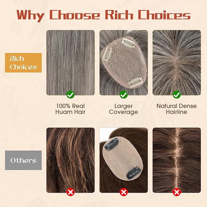 Rich Choices Human Hair Toppers for Women-100% Real Remy Hair Topper with 3D 360°Bang-Upgraded 150% Density 9 * 12CM Lace Base-Clip in Hairs topper for Thinning Hairs-10Inch #G2 Grey