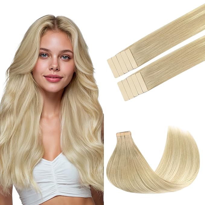 GOO GOO Tape in Hair Extensions Human Hair, 18ET90A Natural Blonde Balayage, 18inch 25g 10pcs, Skin Weft Seamless Invisible, Silky Straight with Thick Ends, Remy Human Hair