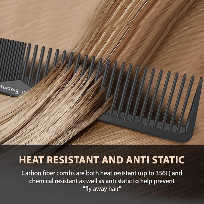 Styling Comb (5 Pack) | Professional 7 Inch Black Carbon Fiber Anti Static Chemical And Heat Resistant Comb For All Hair Types | Fine and Wide Tooth Combs For Men and Women | By Bardeau Essentials
