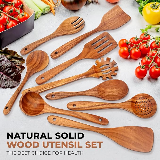 SPATUAMZ Wooden Kitchen Utensils Set, Smooth Finished Wooden Spoons for Cooking, Natural Teak Cooking Utensils Set of 9 for Nonstick Pans and Cookware