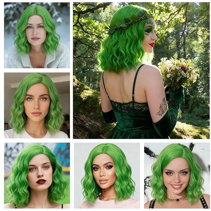 BUFASHION 14" Women Short Lime Green Kinky Straight Cosplay Synthetic Wigs With Air Bangs 46 Colors Available (Lime Green)