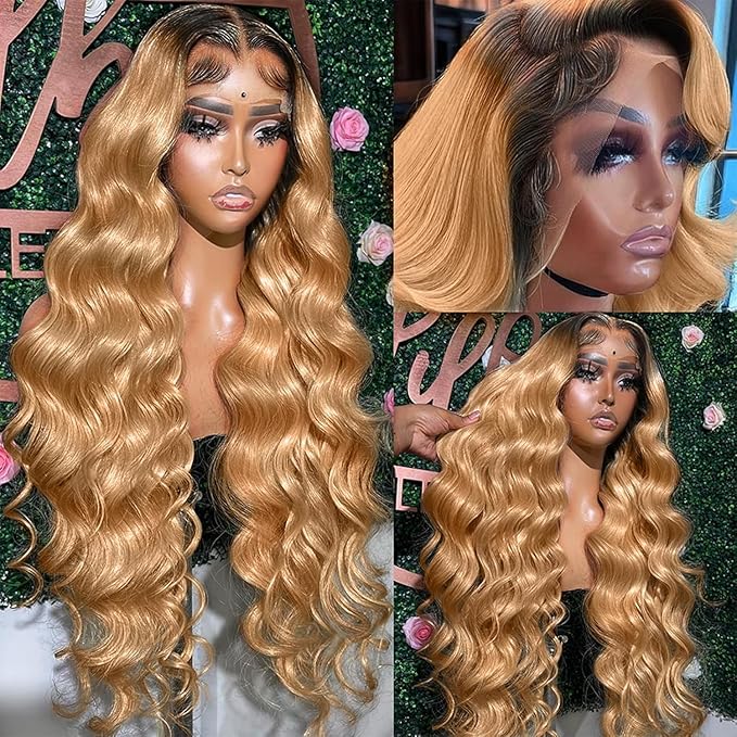 Honey Blonde Lace Front Wigs Human Hair 13x6 Ombre HD Transparent Lace Frontal Wig 12A Body Wave 1B/27 Highlight Lace Front Wigs Glueless Human Hair Wigs for Women Pre Plucked with Baby Hair