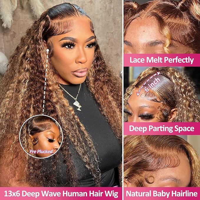 Honey Blonde Deep Wave Lace Front Wigs Human Hair 200 Density 13x6 HD Lace Front Wigs Ombre Human Hair Wig Glueless P4/27 Highlight Wig for Women Pre Plucked with Natural Hairline (32 Inch)