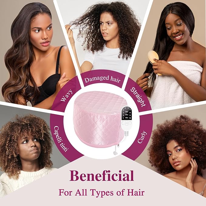 Heat Cap for Deep Conditioning: 10-Level Heats Up Quickly 3 Time Settings Hair Steamer for Natural Hair Home Use Thermal Steam Cap for Black Hair Portable Heating Caps Pink