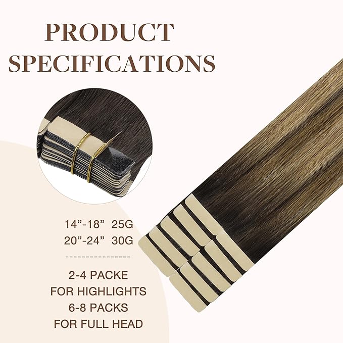 GOO GOO Tape in Hair Extensions Human Hair, 4D/14/5B Brunette Balayage, 24inch 30g 10pcs, Skin Weft Seamless Invisible, Silky Straight with Thick Ends, Remy Human Hair